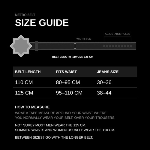 Metro Belt size guide with belt measurements